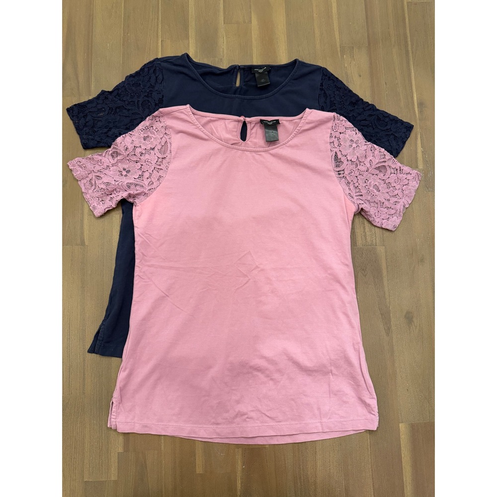 TWO Ann Taylor Petite Lace Sleeve Tunic‎ Top Navy Blue & Pink Women MP